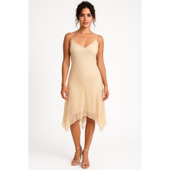 Polka USA Dresses & Skirts - Polka USA Vintage Mesh Lace Midi Dress Nude Cream Floral Embroidered Slip Dress